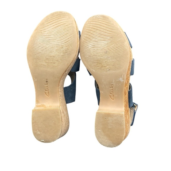 Clarks Wedge Sandals Women's Navy Blue Giselle Bay Sz 8 Suede Cork Chunky Summer - Picture 3 of 5